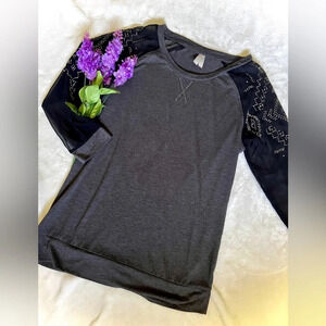 Vanity Rhinestone Sheer Sleeve Raglan Top- Small